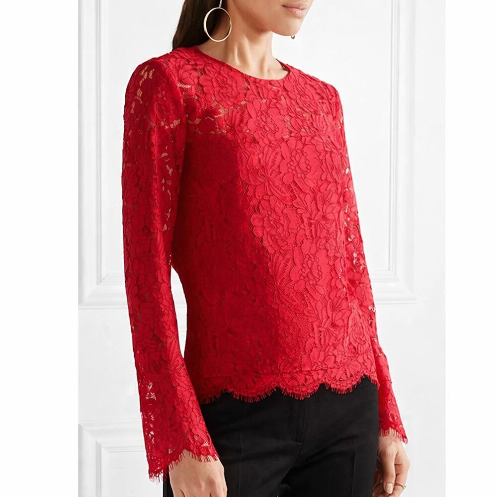 Diane Von Furstenberg Red Lace Long-Sleeve Blouse